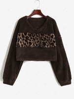 ZAFUL Leopard Fluffy Drop Shoulder Sweatshirt L Deep brown