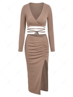 ZAFUL Plunge Midriff Flossing Tee and Ruched High Slit Skirt Co Ord Set S Light coffee