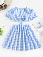 ZAFUL Plunging Neckline Cutout Gingham Mini Dress Xl Light blue