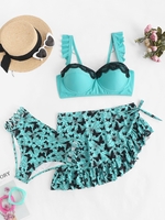 ZAFUL Plus Size Butterfly Cobweb Print Ruffle Lace Trim Push Up Three-piece Swimsuit Xl Green