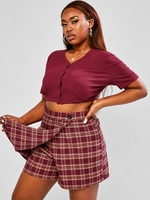 ZAFUL Plus Size Button Up Ribbed Plaid Skorts Set