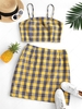 ZAFUL Plus Size Checked Smocked Back Top and Skirt Set