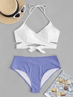 ZAFUL Plus Size Colorblock Halter Wrap Bikini Swimwear Xl White