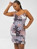 ZAFUL Plus Size Cowl Neck Floral Patchwork Print Ruched Slinky Dress