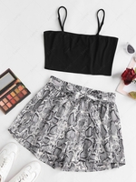 ZAFUL Plus Size Cropped Belted Snake Print Paperbag Shorts Set