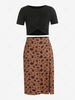 ZAFUL Plus Size Cropped Tee Leopard Print Slit Midi Skirt Two-Piece Set