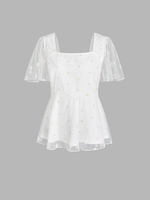 ZAFUL Plus Size Daisy Embroidered Mesh Panel Blouse