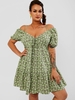 ZAFUL Plus Size Daisy Print Plaid Cold Shoulder Dress