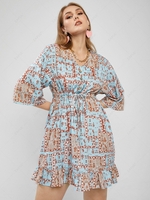 ZAFUL Plus Size Ethnic Patchwork Print Waist Drawstring Ruffle Dress