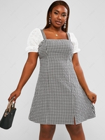 ZAFUL Plus Size Eyelet Puff Sleeve Plaid Print Dress
