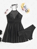 ZAFUL Plus Size Fishnet Insert Ruched Halter Skirted Tankini Swimwear Xxxl Black