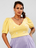 ZAFUL Plus Size Floral Embroidered Rib-knit Puff Sleeve Top