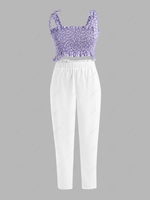 ZAFUL Plus Size Floral Print Top Paperbag Waist Two Piece Pants Set