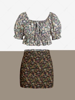 ZAFUL Plus Size Floral Puff Sleeve Ruffle Two Piece Skirt Set