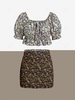 ZAFUL Plus Size Floral Puff Sleeve Ruffle Two Piece Skirt Set