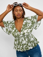 ZAFUL Plus Size Flower Butterfly Sleeve Peplum Blouse