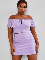 ZAFUL Plus Size Frilled Ribbed Tie Two Piece Skirt Set