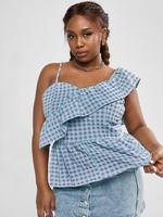 ZAFUL Plus Size Gingham Ruffle Seersucker Asymmetrical Top