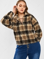 ZAFUL Plus Size Half Zip Plaid Teddy Sweatshirt