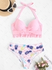 ZAFUL Plus Size Halter Pineapple Chevron Ruffle Push Up Bikini Swimwear Xl Light pink