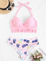 ZAFUL Plus Size Halter Pineapple Chevron Ruffle Push Up Bikini Swimwear Xl Light pink