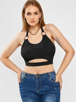 ZAFUL Plus Size Halter Ribbed Rings Keyhole Cutout Crop Top