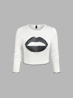 ZAFUL Plus Size Lettuce Trim Sparkle Lip Print Cropped Tee