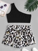 ZAFUL Plus Size One Shoulder Top and Leopard Paperbag Shorts Set