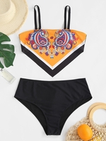 ZAFUL Plus Size Paisley Print High Waisted Bandana Bikini Swimwear Xxl Dark orange