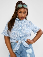 ZAFUL Plus Size Palm Leaf Ruffle Self-tie Shirt