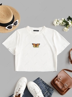 ZAFUL Plus Size Raw Hem Butterfly Embroidered Baby Tee