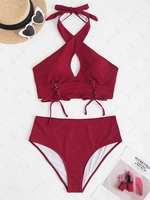 ZAFUL Plus Size Ribbed Lace Up Cross High Cut Bikini Swimwear Xxxxl Deep red