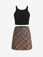 ZAFUL Plus Size Ribbed Tank Top and Plaid Skirt Set
