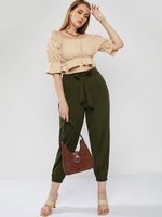 ZAFUL Plus Size Ruffle Peplum Belted Two Piece Pants Set