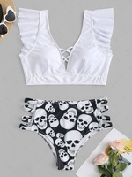 ZAFUL Plus Size Ruffle Skull Print Ladder Cutout Tankini Swimwear Xl White
