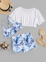 ZAFUL Plus Size Sea Wave Print Cinched Ruched Tankini with Mesh Top Xxl Light blue