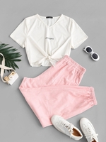 ZAFUL Plus Size Self-tie Destine Graphic Tee and Cargo Pants Set