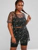 ZAFUL Plus Size Sheer Mesh Metallic Glitter Moon Star Top Set