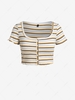 ZAFUL Plus Size Striped Botton Up Lettuce Trim Cropped Tee