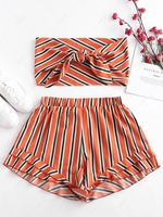 ZAFUL Plus Size Striped Tie Front Bandeau Top Set