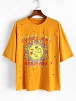 ZAFUL Plus Size Sun Flower Print Drop Shoulder Ripped T Shirt