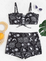 ZAFUL Plus Size Sun Moon Star Print Lace Up Ruffle Tankini Swimwear Xxxxl Black