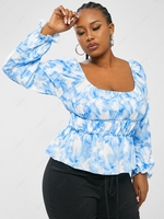 ZAFUL Plus Size Tie Dye Floral Ruched Puff Sleeve Top