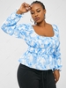 ZAFUL Plus Size Tie Dye Floral Ruched Puff Sleeve Top