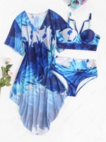 ZAFUL Plus Size Tie Dye Push Up Strappy Three Piece Bikini Swimwear Xxxl Blue