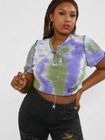 ZAFUL Plus Size Tie Dye Ribbed Chain Lace-up Label Crop Top