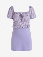 ZAFUL Plus Size Tiny Floral Tie Collar Peplum Skirt Set