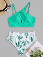 ZAFUL Plus Size Tropical Leaf Asymmetrical Ladder Cutout Tankini Swimwear Xxxxl Green