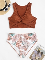 ZAFUL Plus Size Twisted Leaf Print Tankini Swimwear Xl Coffee