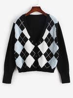 ZAFUL Plus Size V Neck Argyle Pattern Cardigan